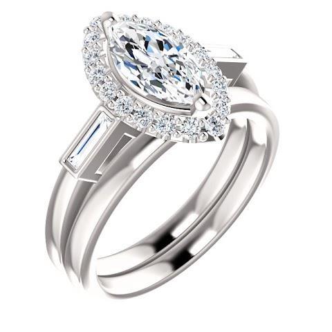 1.30 Carats Genuine  Center Diamond And Baguette Halo Engagement Ring
