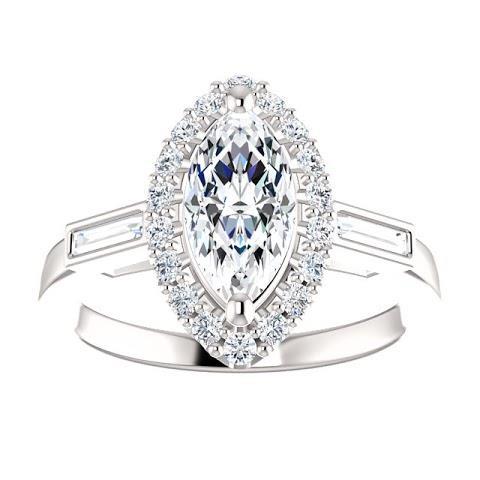 1.30 Carats Genuine Marquise Center Diamond And Baguette Halo Engagement Ring
