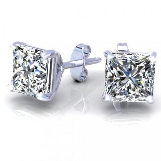 1.5 Carat Princess Cut Stud Diamond Earring White Gold 14K