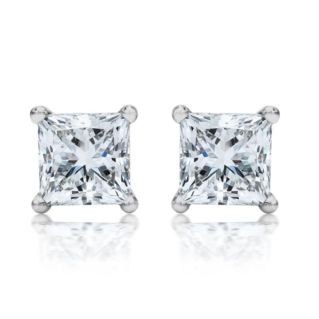 1.5 Ct Four Prong SetReal Princess Diamond Stud Earring 14K White Gold