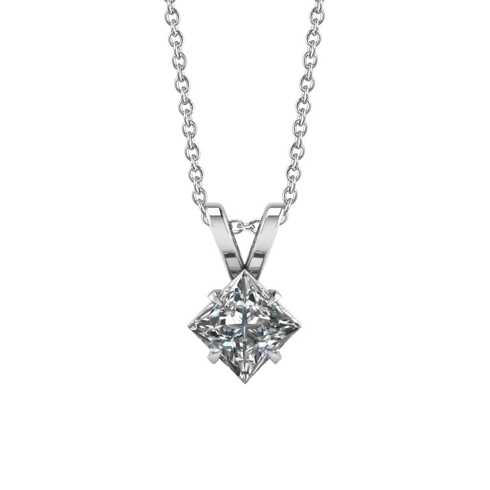 1.5 Ct Solitaire Princess Cut Real Diamond Pendant 14K White Gold