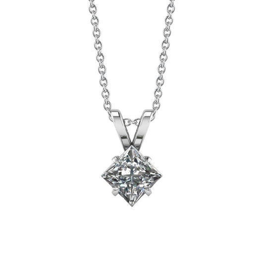 1.5 Ct Solitaire Princess Cut Real Diamond Pendant 14K White Gold