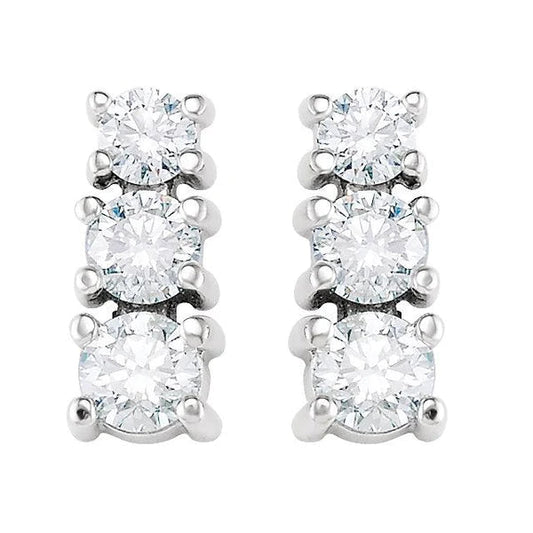 1.5 Ct Three-Stone Natural Diamond Stud Earrings 14K White Gold