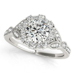 1.50 Carats Halo Round Real Diamond Engagement Fancy Ring White Gold 14K
