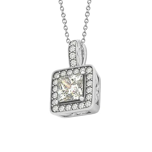1.50 Carats Princess Real Diamond Pendant Necklace WG 14K Without Chain