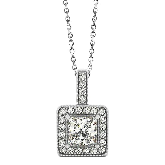 1.50 Carats Princess Real Diamond Pendant Necklace WG 14K Without Chain