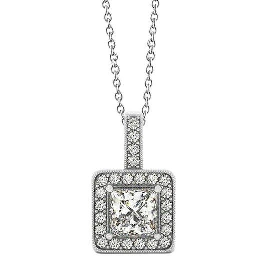 1.50 Carats Princess Real Diamond Pendant Necklace WG 14K Without Chain