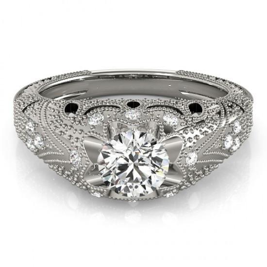  Real Diamond Engagement Ring Engraved Solid White Gold 14K