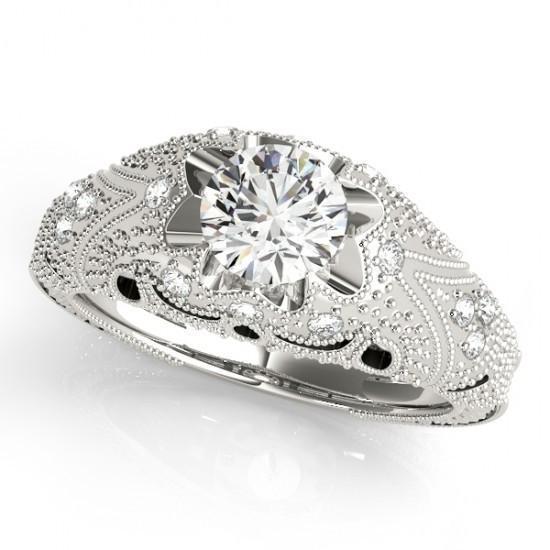 1.50 Carats Real Diamond Engagement Ring Engraved Solid White Gold 14K