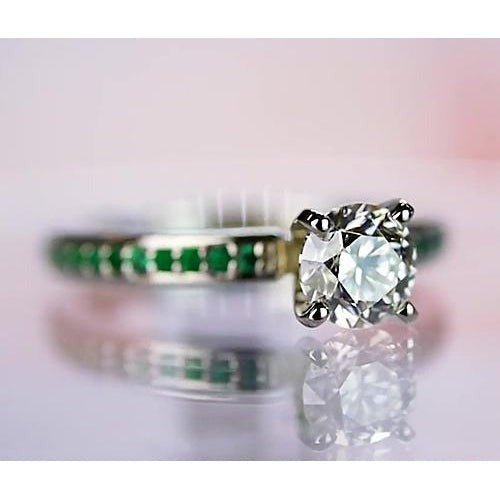 1.50 Carats Real Diamond Round Emerald Ring White Gold 14K