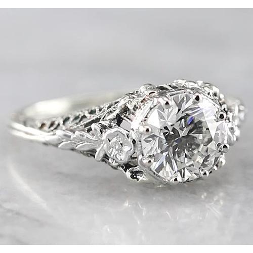 1.50 Carats Round Antique Style Engagement Ring White Gold 14K