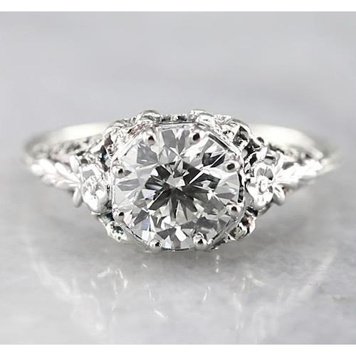 1.50 Carats Round Antique Style Engagement Real Natural Earth Mined Diamond Ring White Gold 14K