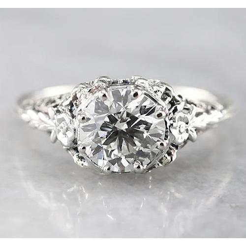 1.50 Carats Round Antique Style Engagement Real Diamond Ring White Gold 14K