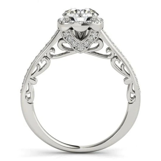 1.50 Carats Round Real Diamond Halo Engagement Ring Filigree White Gold 14K