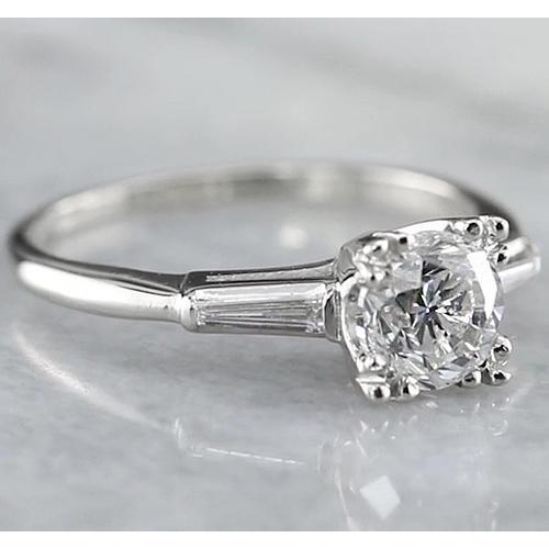 1.50 Carats Round Diamond Three Stone Ring Baguettes White Gold 14K