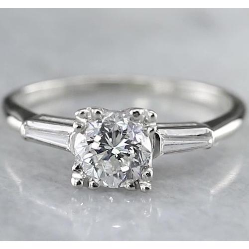 1.50 Carats Round Real Diamond Three Stone Ring Baguettes White Gold 14K