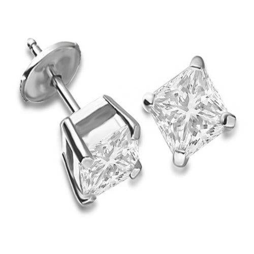 1.50 Ct Genuine Princess Diamond Stud Earrings 14K White Gold