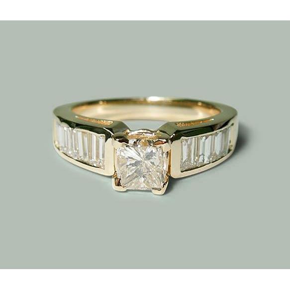 1.50 Ct Princess & Baguette Natural Diamond Engagement Ring Yellow Gold