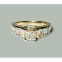 1.50 Ct Princess & Baguette Natural Diamond Engagement Ring Yellow Gold