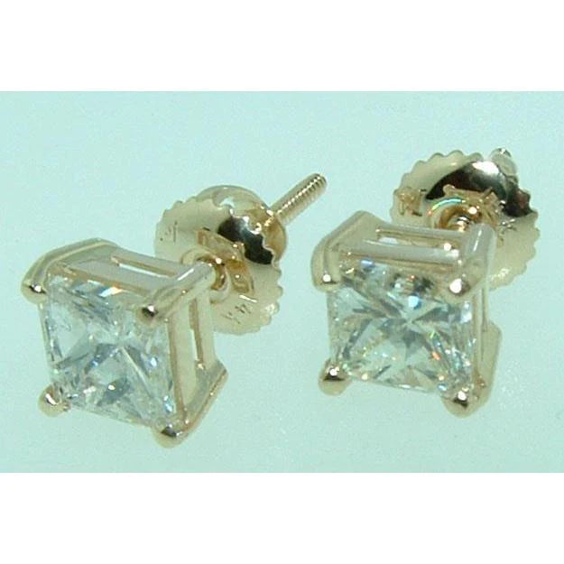 1.50 Ct Princess Cut Real Diamond Stud Yellow Gold Earrings