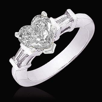 1.51 Carat Heart Real Diamond Engagement Ring 3 Stone Gold Baguettes