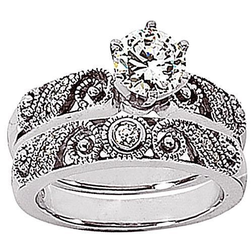 1.74 Carats Natural Diamond Engagement Ring Set Vintage Style White Gold 14K