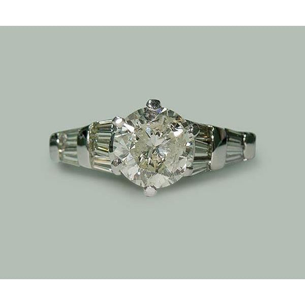 1.77 Carat Round & Baguette Real Diamonds Engagement Ring White Gold