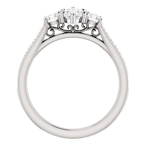 1.85 Ct. 3 Stone Marquise With Round Halo Real Diamonds Ring New