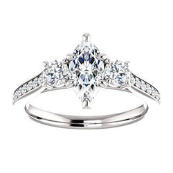 1.85 Ct. 3 Stone Marquise With Round Halo Real Diamonds Ring New