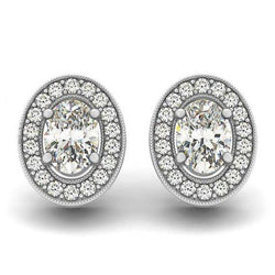 1.86 Carats Oval Real Diamonds Halo Studs Pair Earrings White Gold 14K