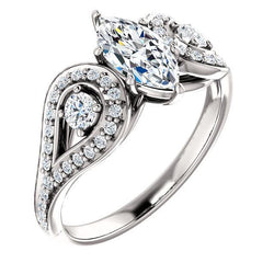 1.95 Carat Marquise And Round Real Diamond Three Stone Style Ring