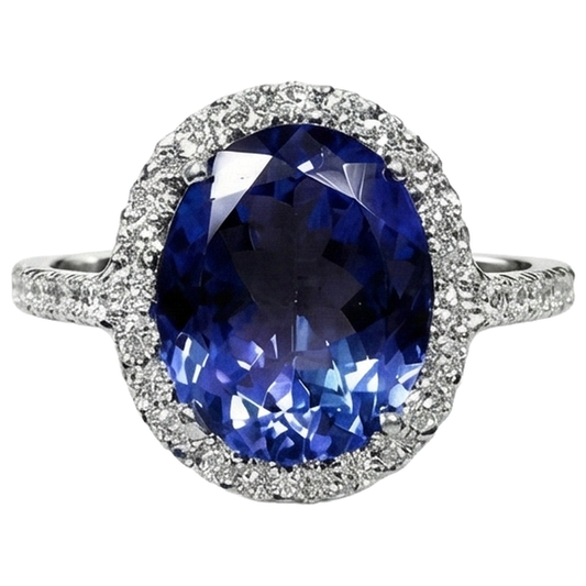 2.15 Ct Oval Cut Blue Tanzanite With Natural Earth Mined Diamond Ring Gold Fine Jewellery