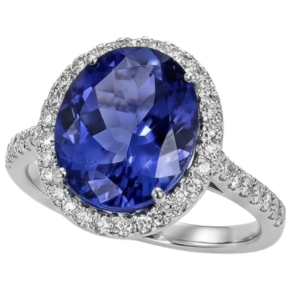 2.15 Ct Oval Cut Blue Tanzanite With Natural Earth Mined Diamond Ring Gold Fine Jewellery