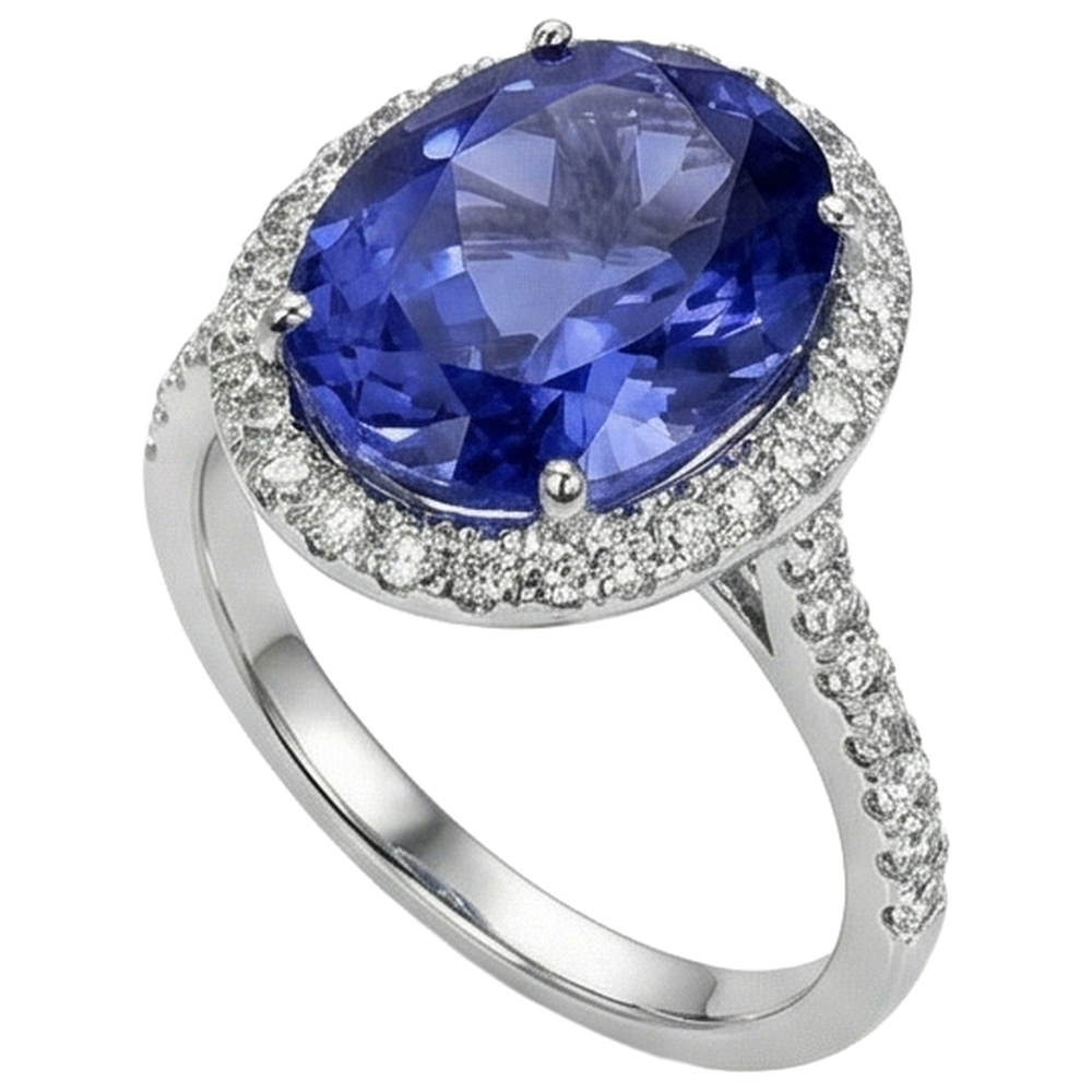 2.15 Ct Oval Cut Blue Tanzanite With Natural Earth Mined Diamond Ring Gold Fine Jewellery