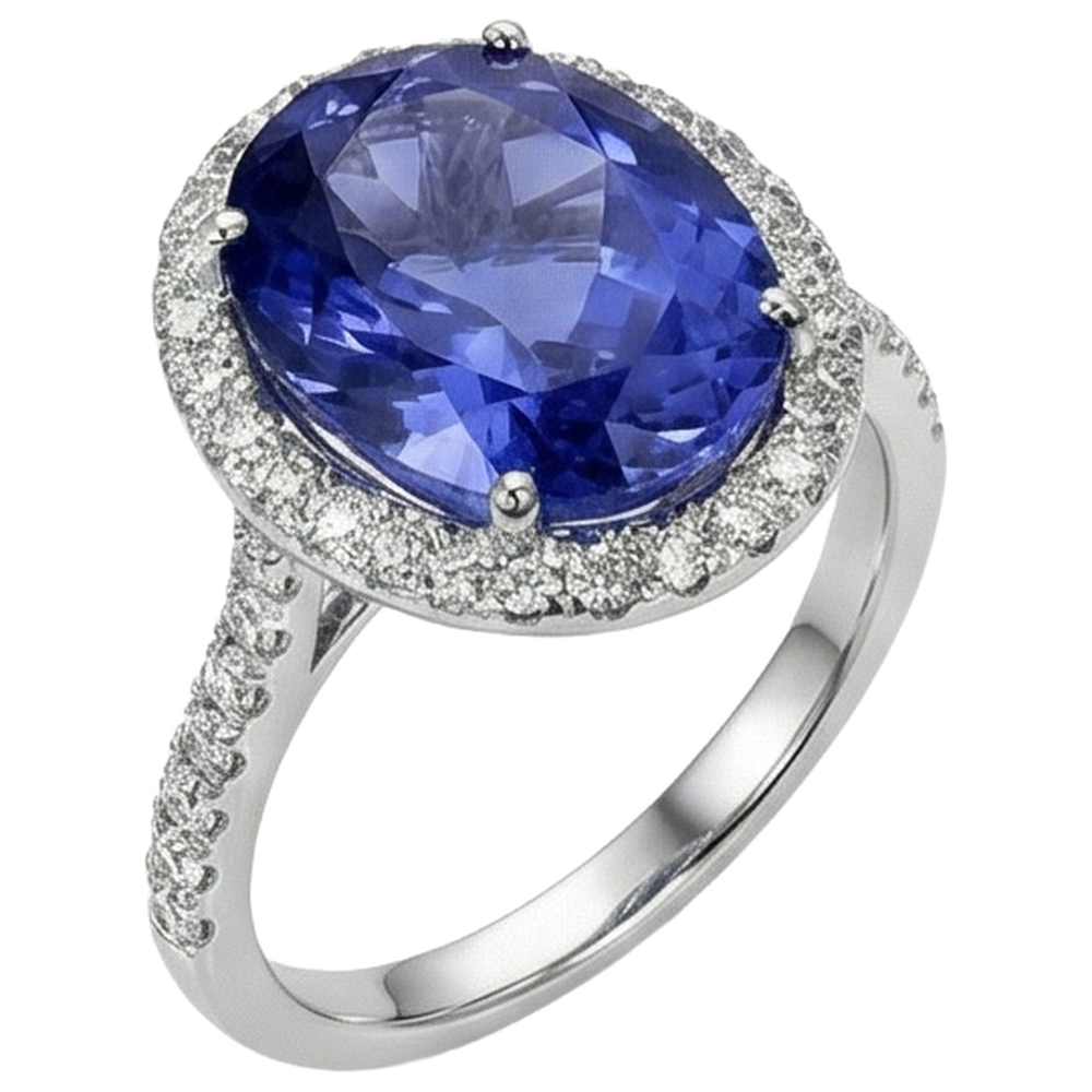 2.15 Ct Oval Cut Blue Tanzanite With Natural Earth Mined Diamond Ring Gold Fine Jewellery