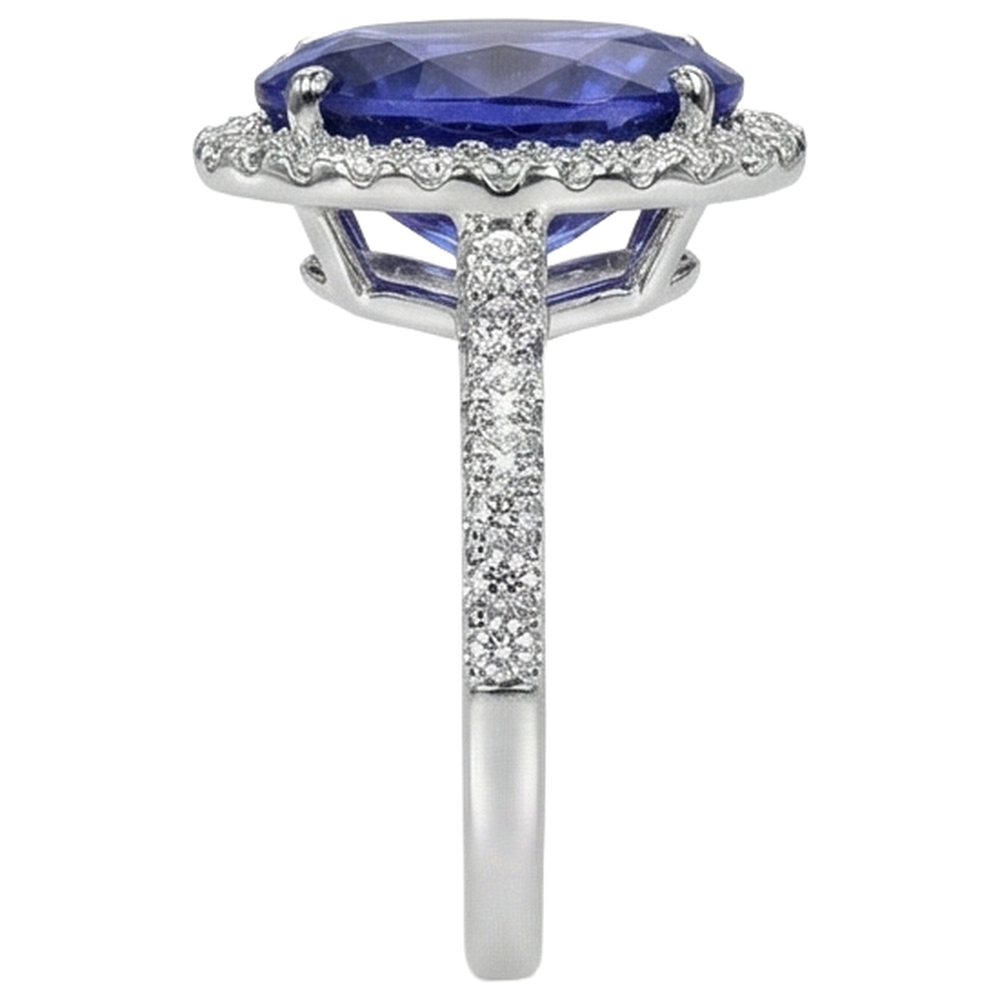 2.15 Ct Oval Cut Blue Tanzanite With Natural Earth Mined Diamond Ring Gold Fine Jewellery