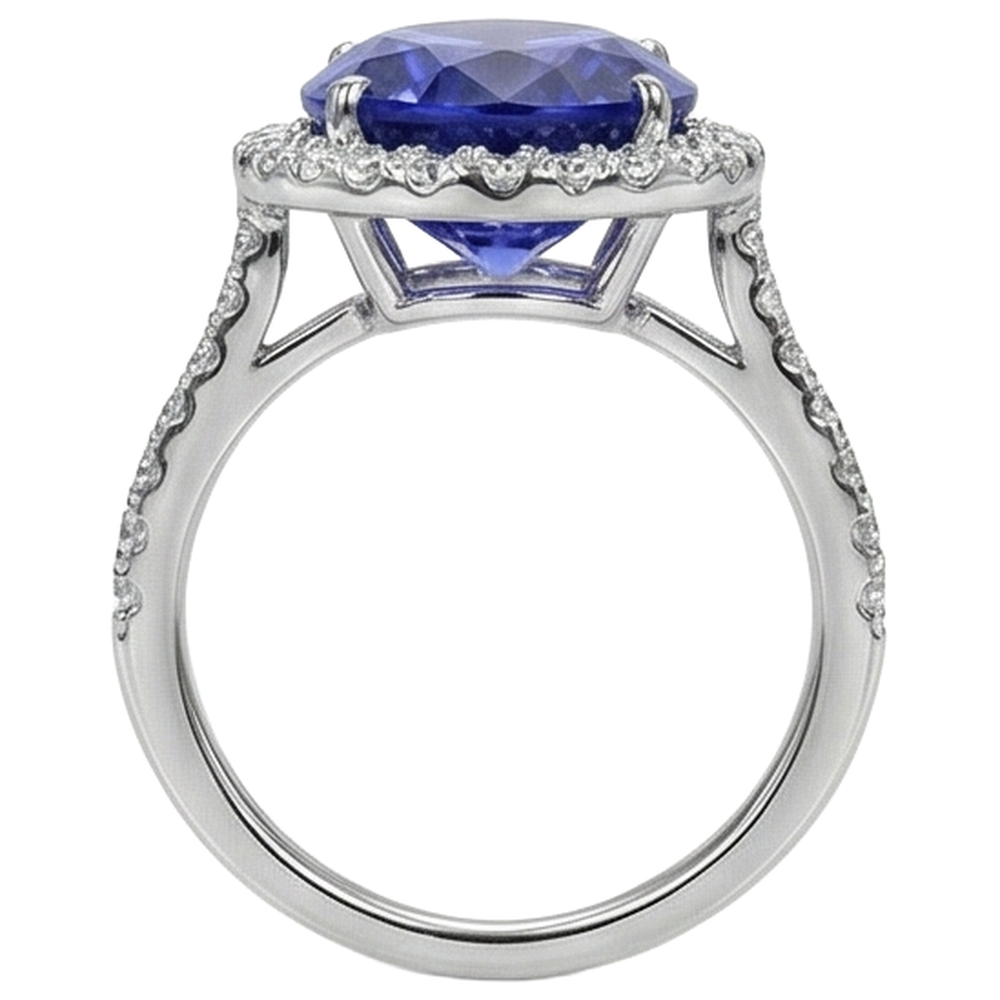 2.15 Ct Oval Cut Blue Tanzanite With Natural Earth Mined Diamond Ring Gold Fine Jewellery