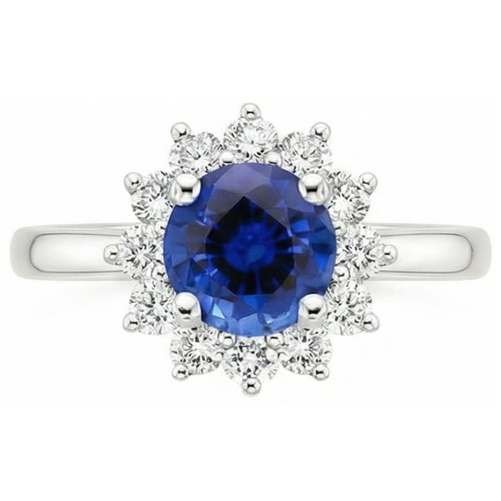 2.20 Carats Round Ceylon Sapphire Ring Natural Earth Mined DIAMOND ( NOT LAB GROWN ) Jewellery Gold White 14K