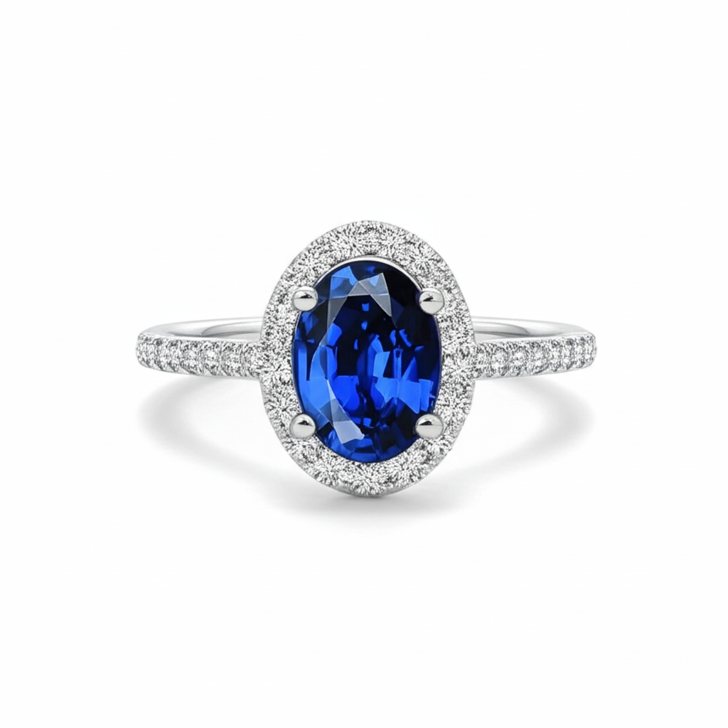 2.25 Carats Oval Blue Sapphire And Natural Earth Mined Diamond Wedding Ring White Gold 14K