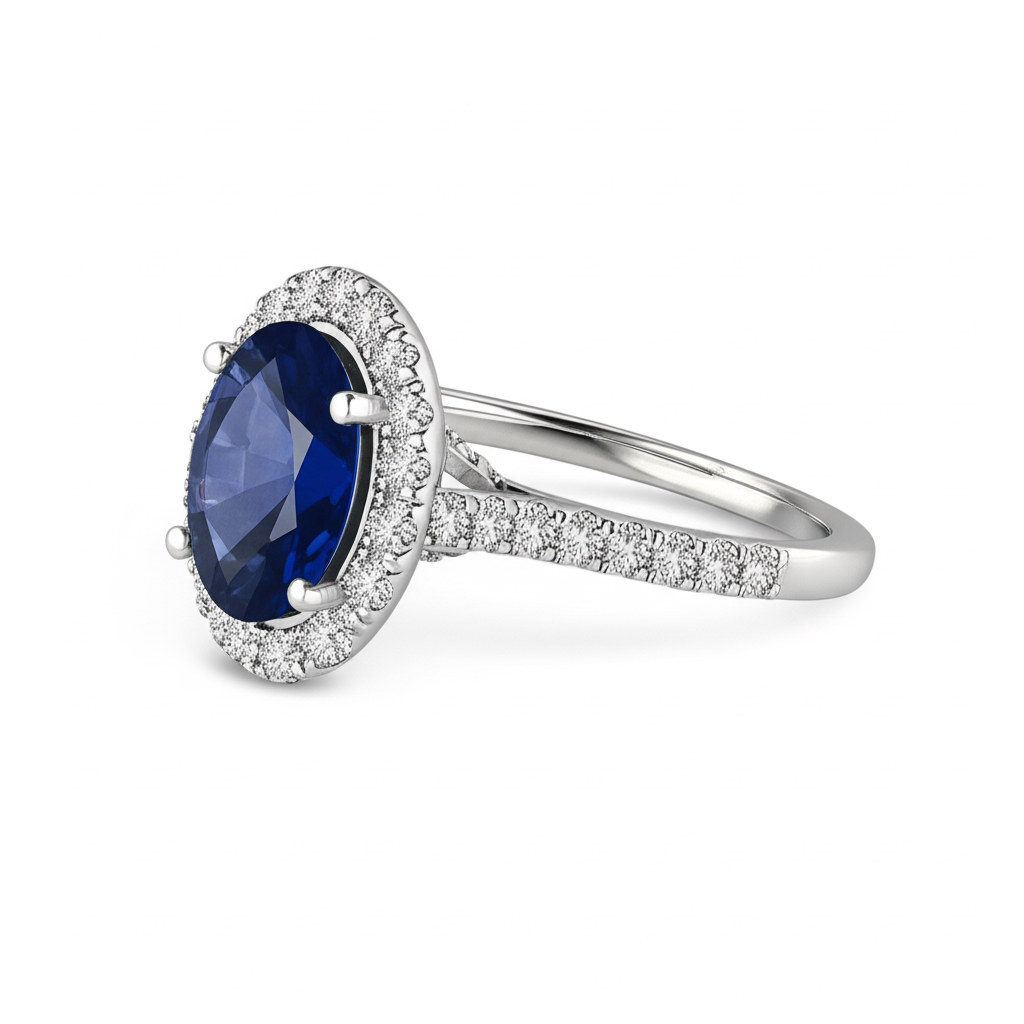 2.25 Carats Oval Blue Sapphire And Natural Earth Mined Diamond Wedding Ring White Gold 14K
