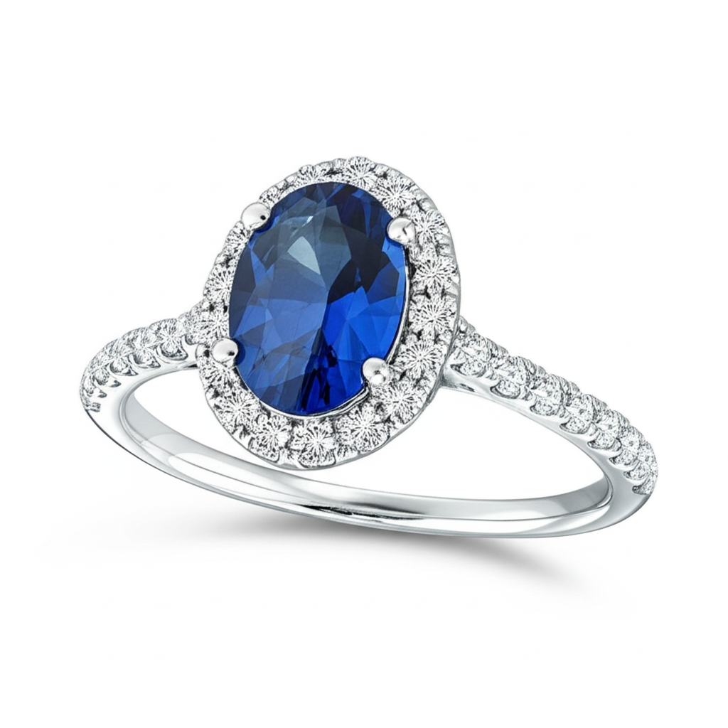 2.25 Carats Oval Blue Sapphire And Natural Earth Mined Diamond Wedding Ring White Gold 14K