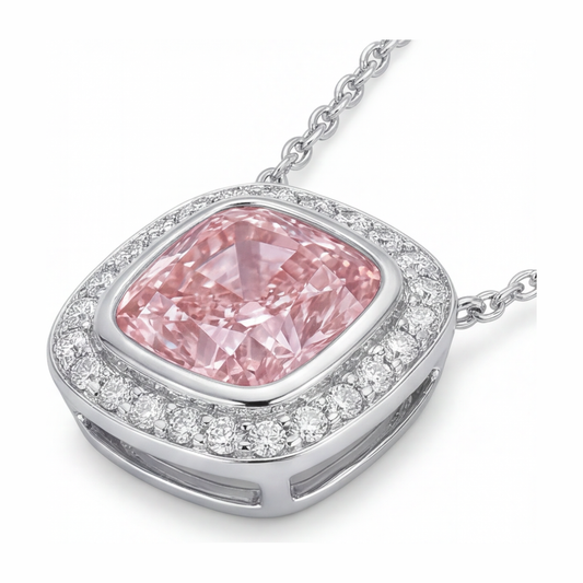 Pink Diamond Necklace 2.25 Carat Lab Grown Cushion Halo Pendant 14K White Gold