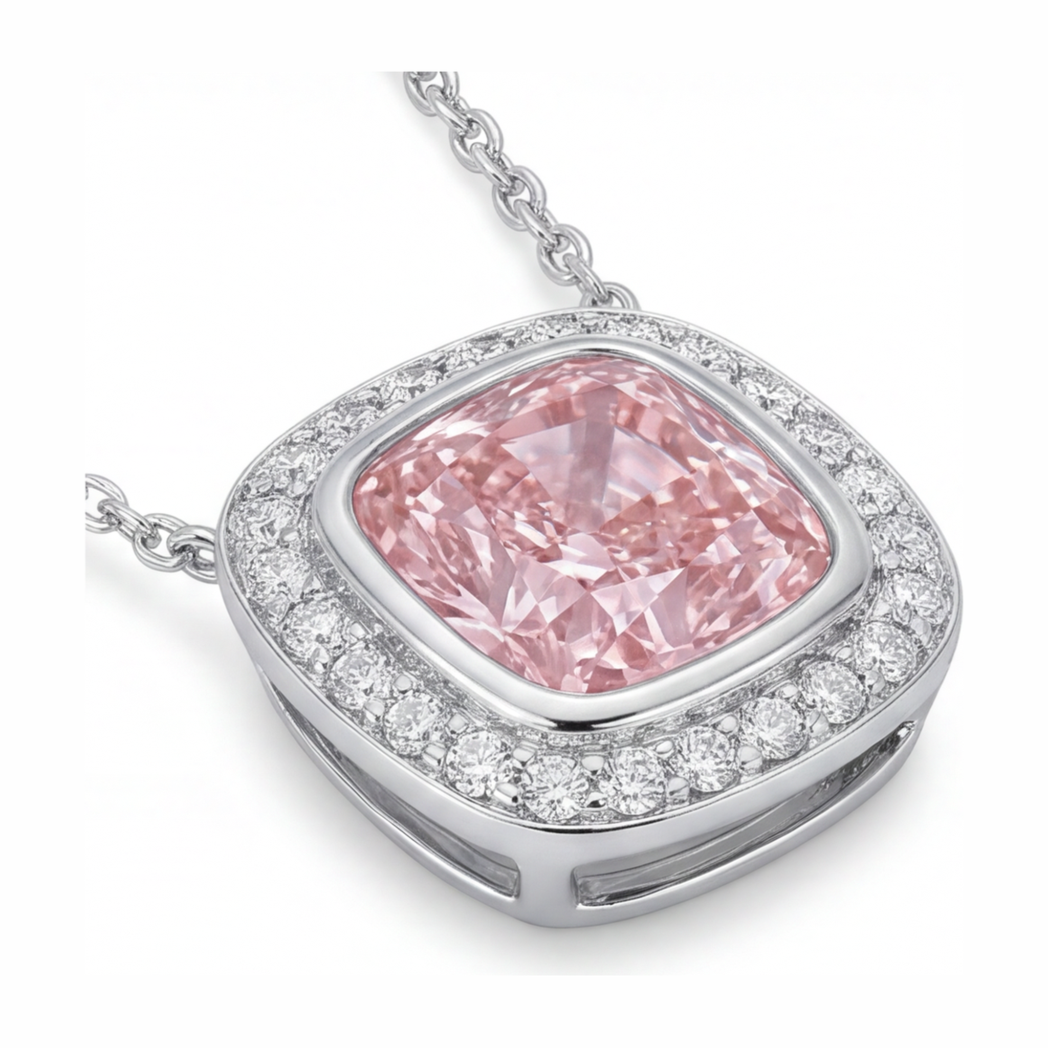 Pink Diamond Necklace 2.25 Carat Lab Grown Cushion Halo Pendant 14K White Gold