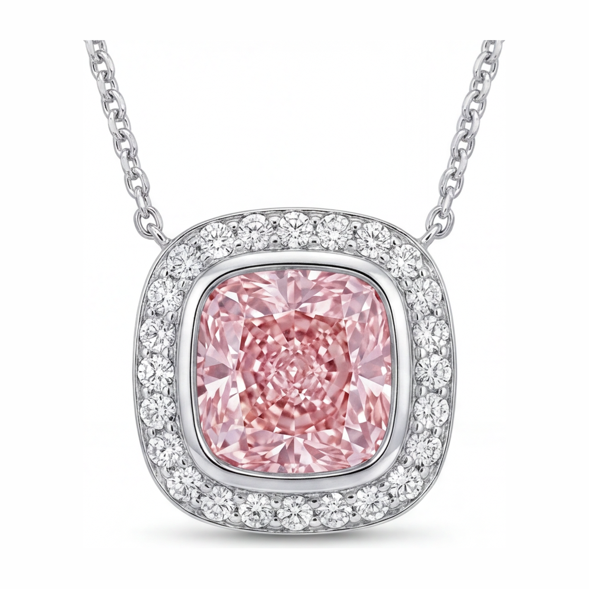 Pink Diamond Necklace 2.25 Carat Lab Grown Cushion Halo Pendant 14K White Gold