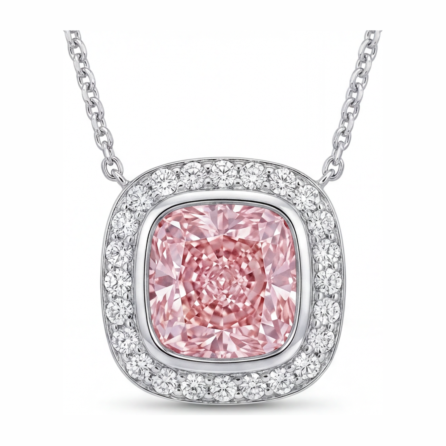 Pink Diamond Necklace 2.25 Carat Lab Grown Cushion Halo Pendant 14K White Gold