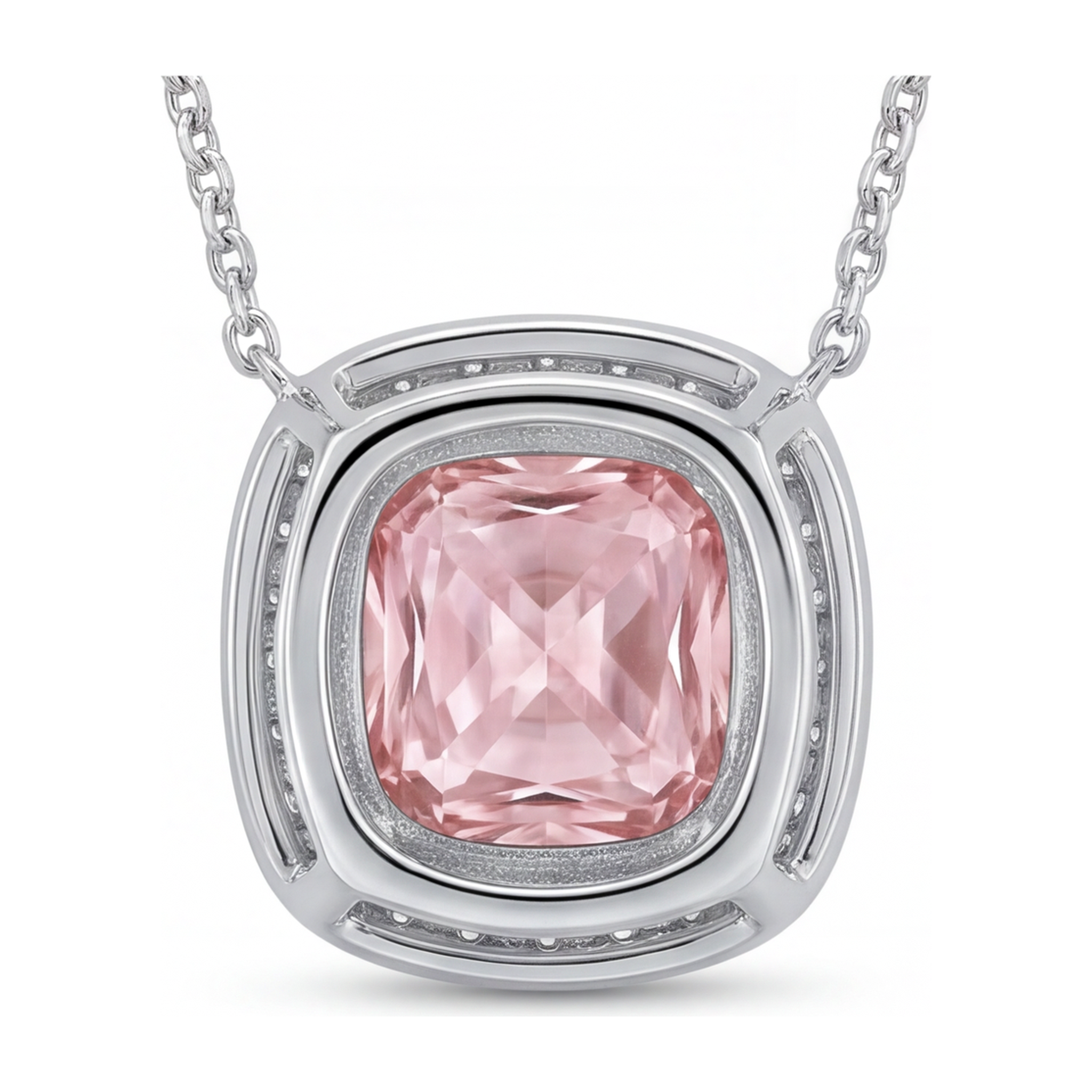 Pink Diamond Necklace 2.25 Carat Lab Grown Cushion Halo Pendant 14K White Gold