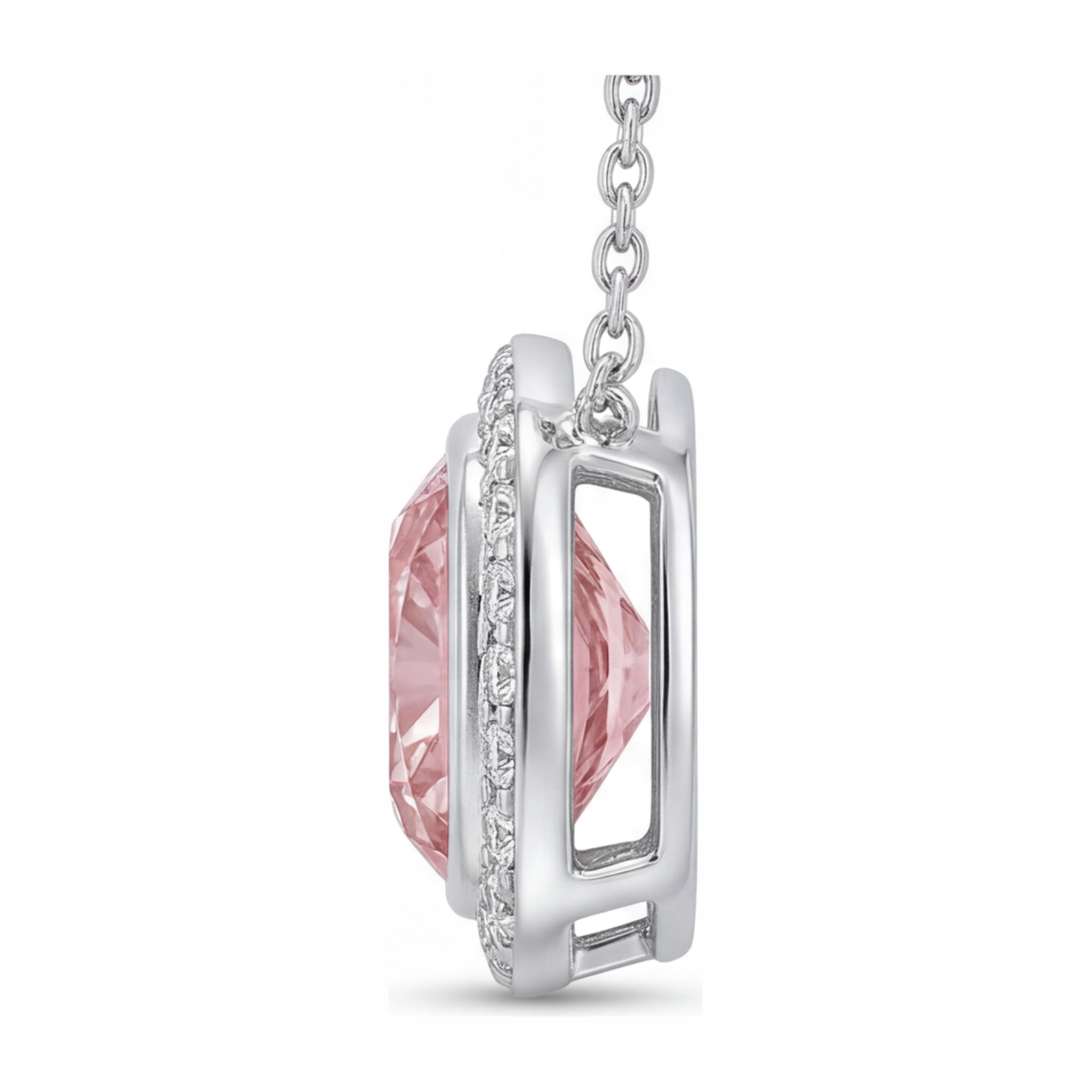 Pink Diamond Necklace 2.25 Carat Lab Grown Cushion Halo Pendant 14K White Gold