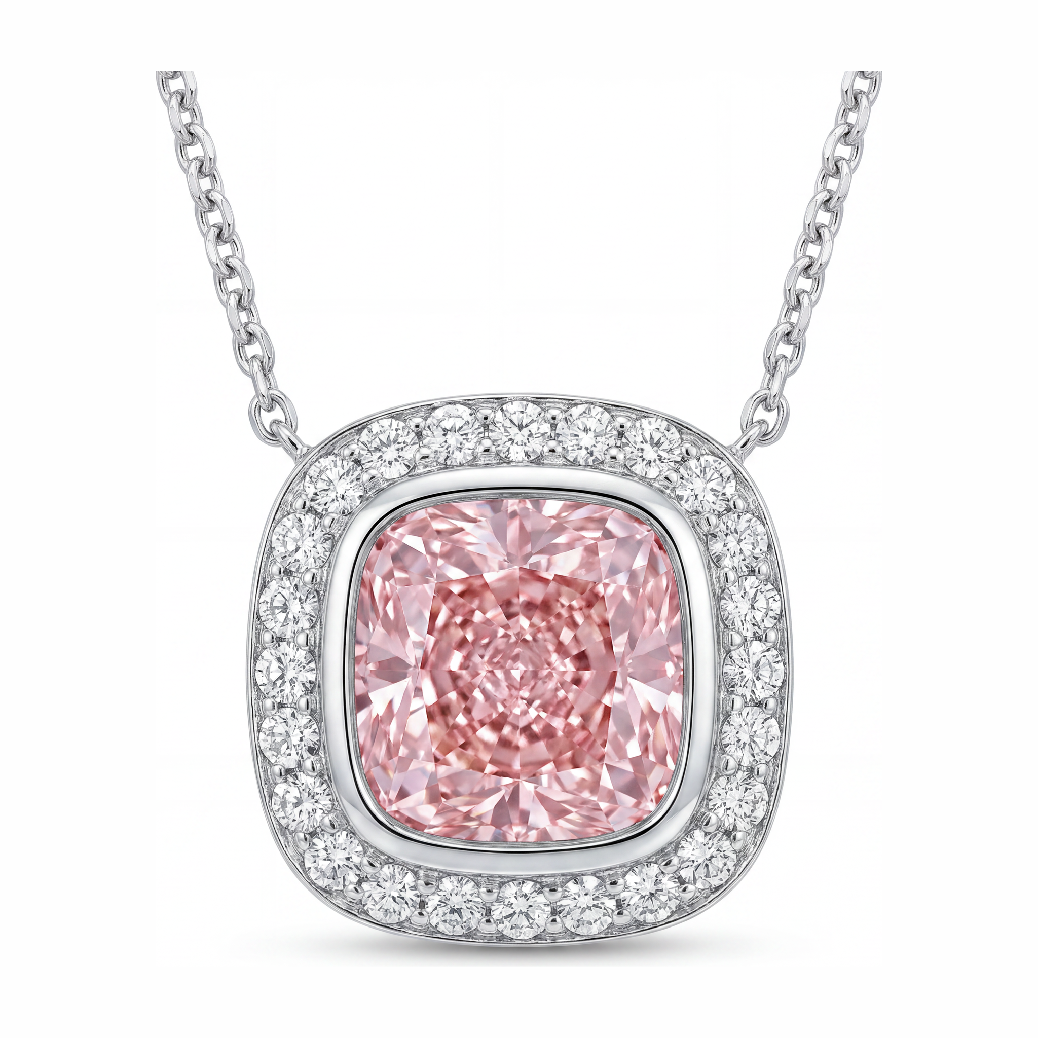 Pink Diamond Necklace 2.25 Carat Lab Grown Cushion Halo Pendant 14K White Gold