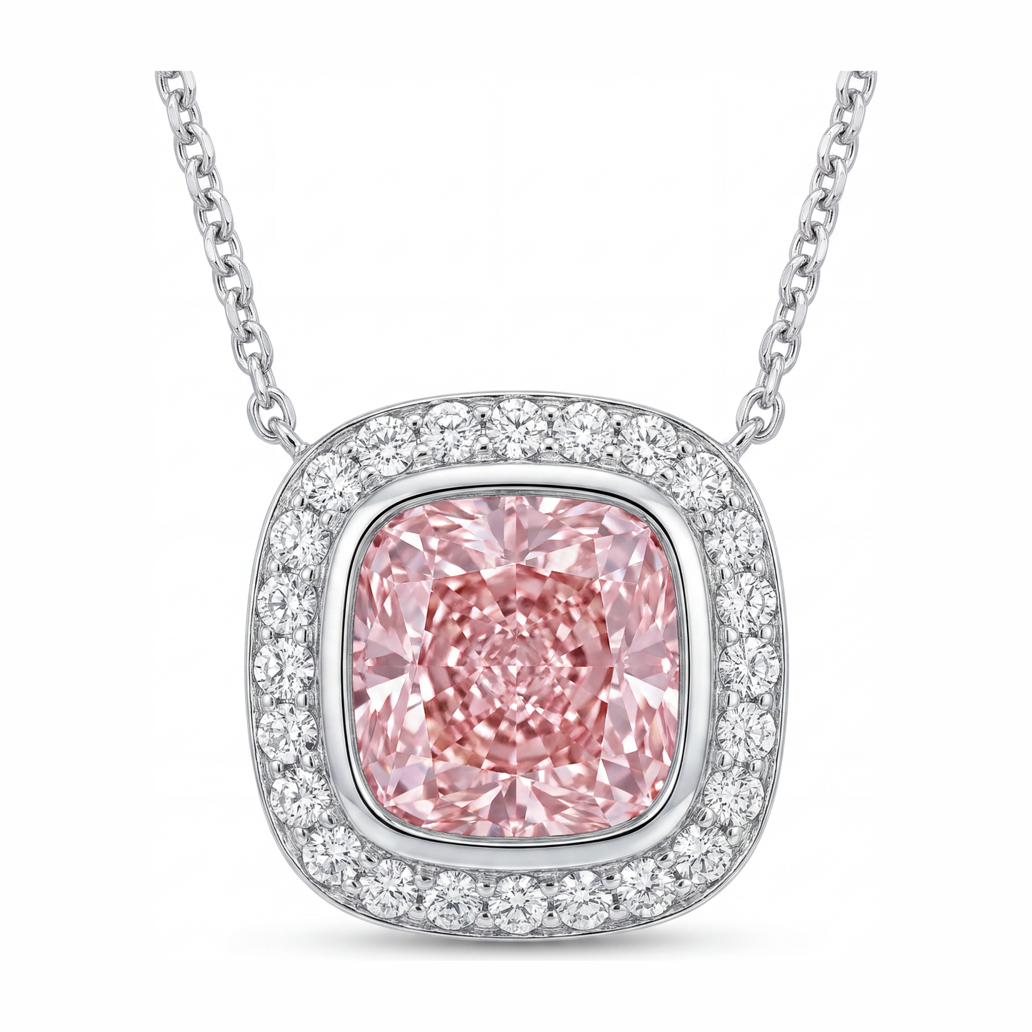 Pink Diamond Necklace 2.25 Carat Lab Grown Cushion Halo Pendant 14K White Gold