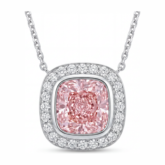 Pink Diamond Necklace 2.25 Carat Lab Grown Cushion Halo Pendant 14K White Gold